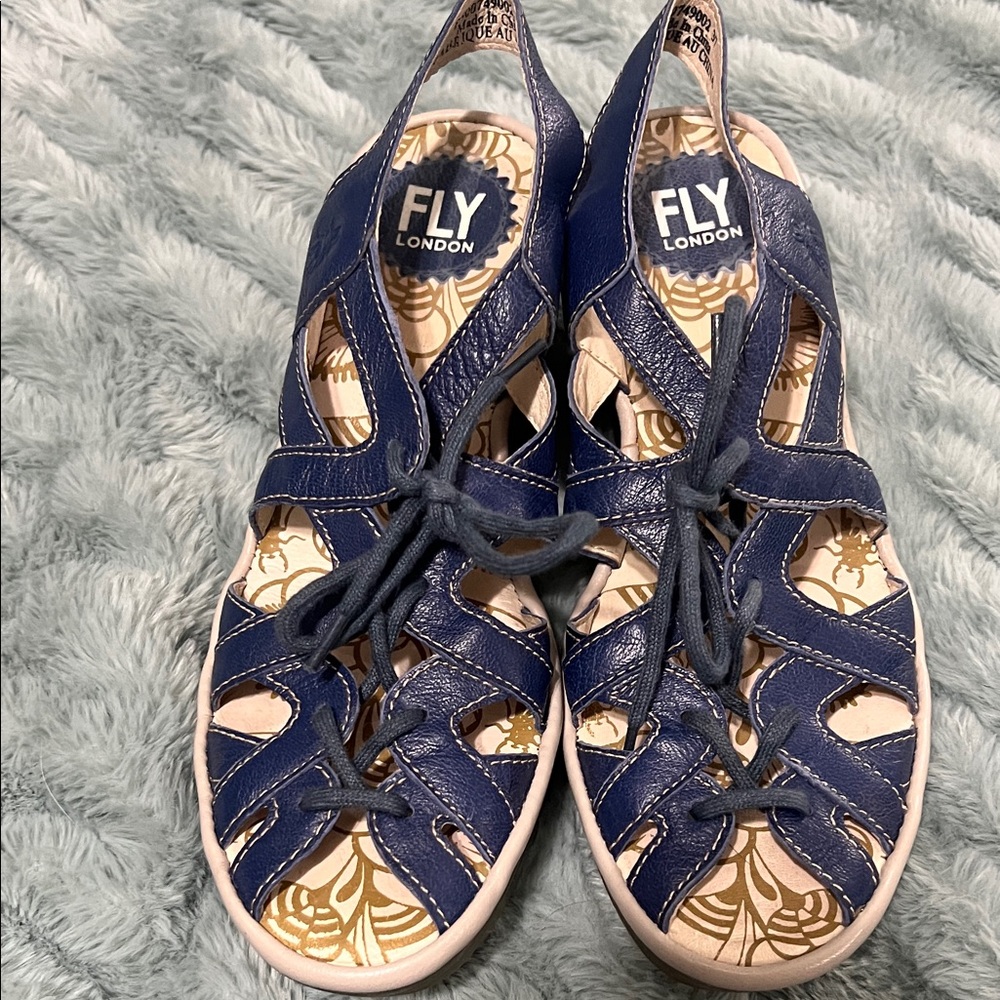 Fly London Navy Leather Lace-Up Cutout Sandals